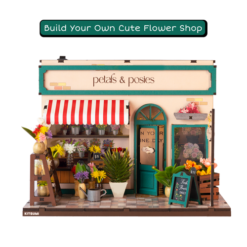 Front of the Petals & Posies flower shop showing the striped awning