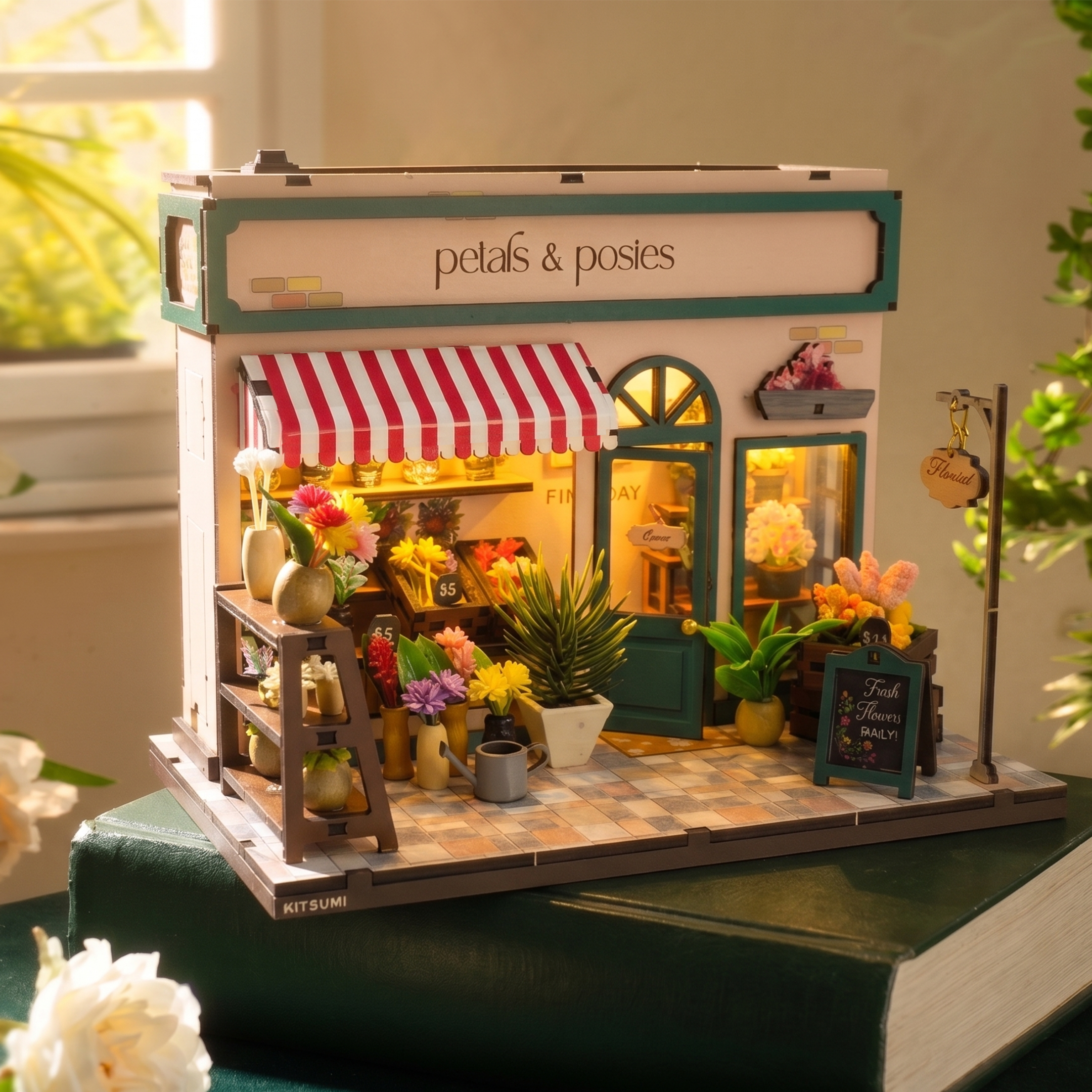 Petals & Posies assembled miniature flower shop with tiny blooms on a desk