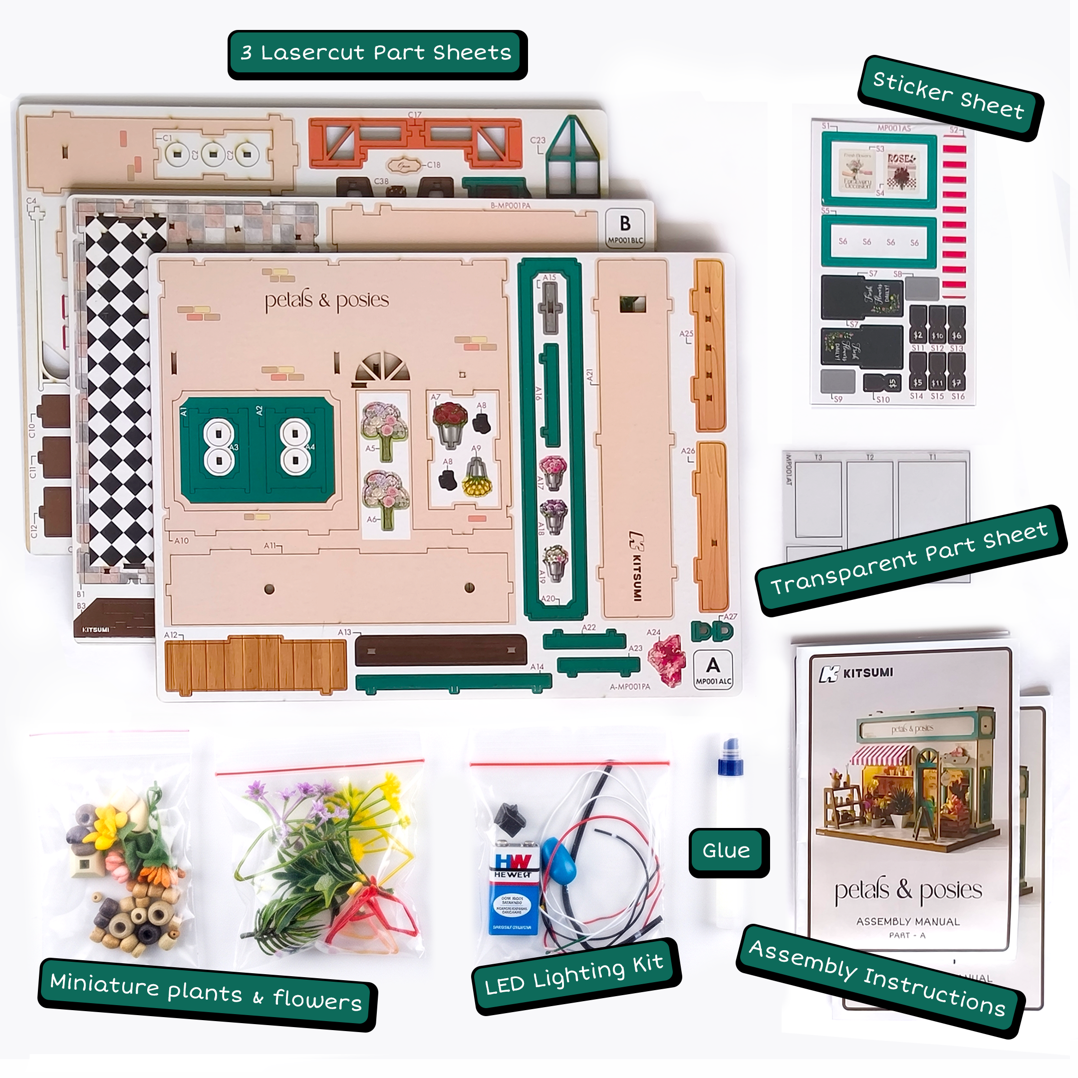 Pre-cut wooden sheets and miniature flowers included in the kit